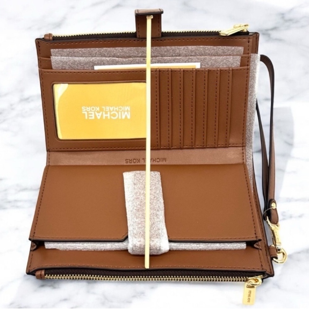 Michael Kors Large Jet Set Travel Double Zip Wallet Brown/Gold - Picture 7 of 8